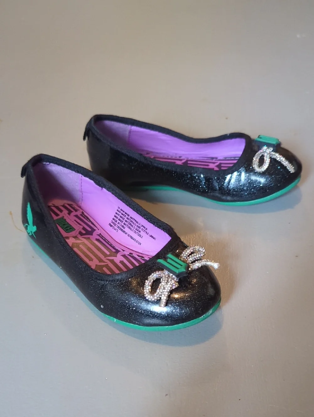 Wicked Ballet Flats Black Glitter Bows size 10